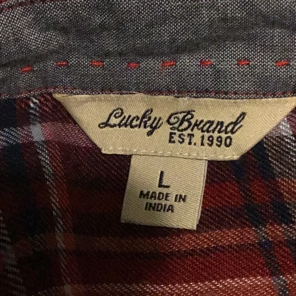 Lucky Brand Bungalow Plaid Red Blue and White Button Down Shirt back Vent Size L